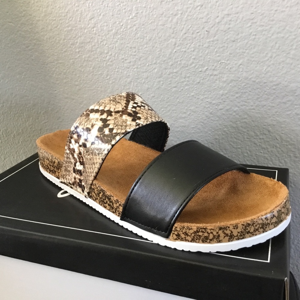 Qupid Double Strap Cork Sandal snakeskin print